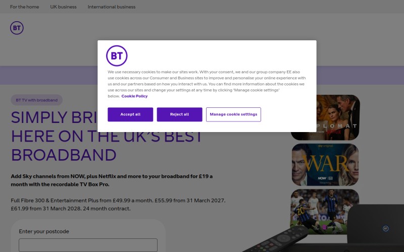 The front page of bt.com