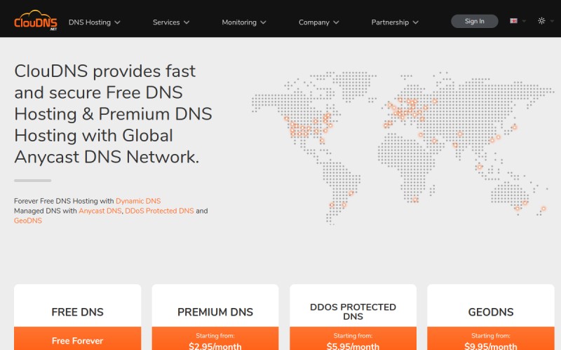 The front page of cloudns.net