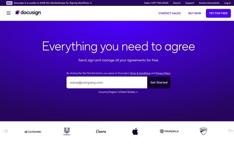 The front page of docusign.com