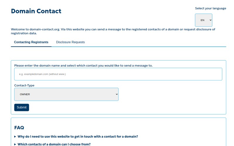 The front page of domain-contact.org