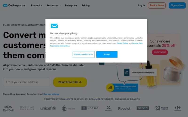 The front page of getresponse.com