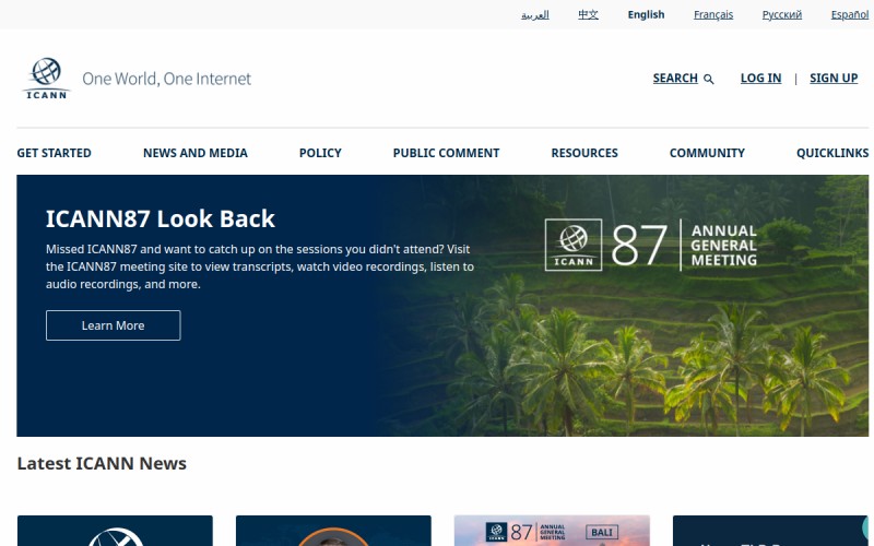 The front page of icann.org