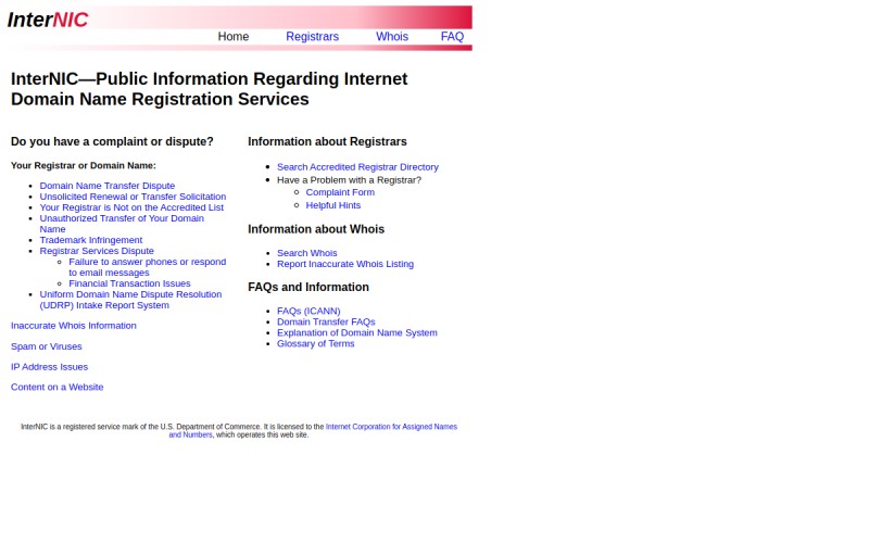 The front page of internic.net
