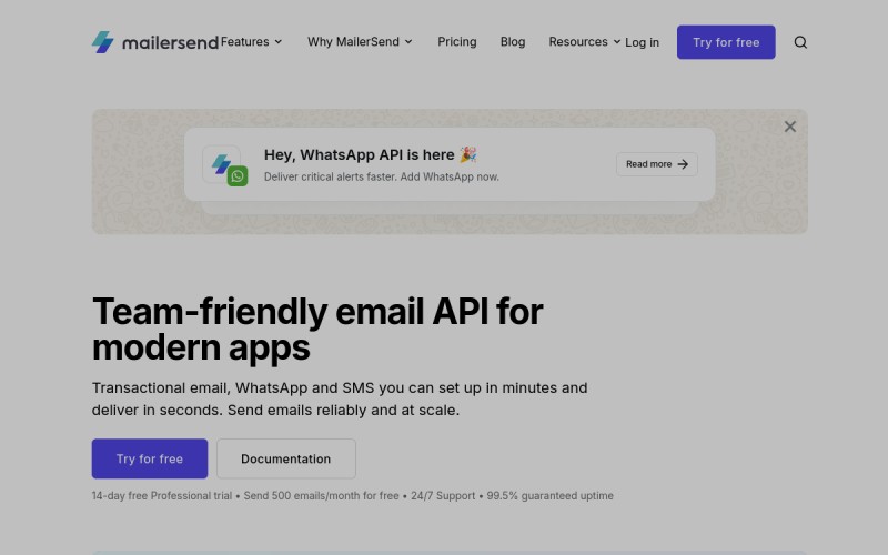 The front page of mailersend.net