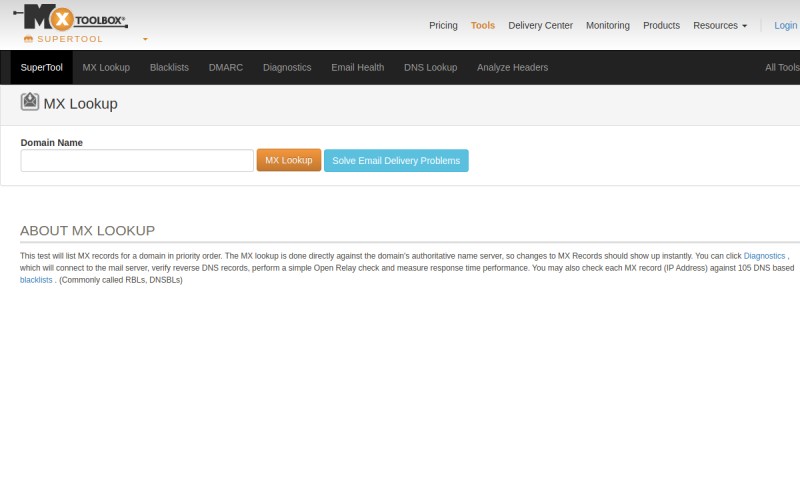 The front page of mxtoolbox.com
