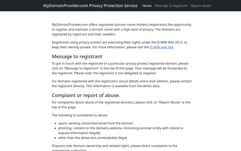 The front page of mydomainprovider.com