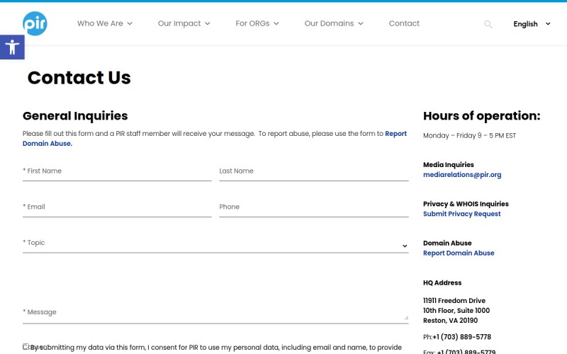 The front page of publicinterestregistry.org