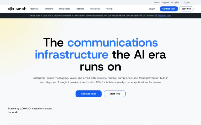 The front page of sinch.com