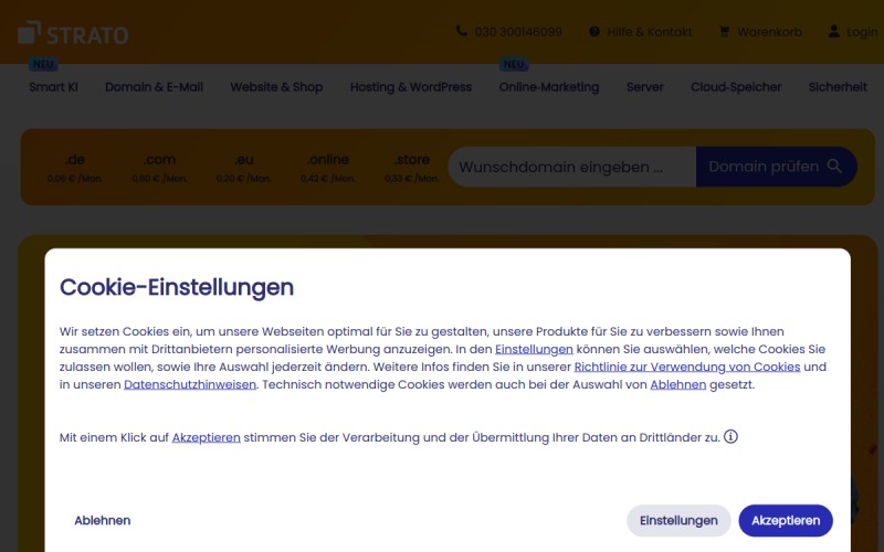 The front page of strato.de