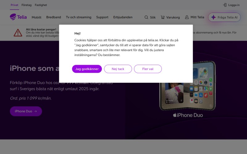 The front page of telia.com