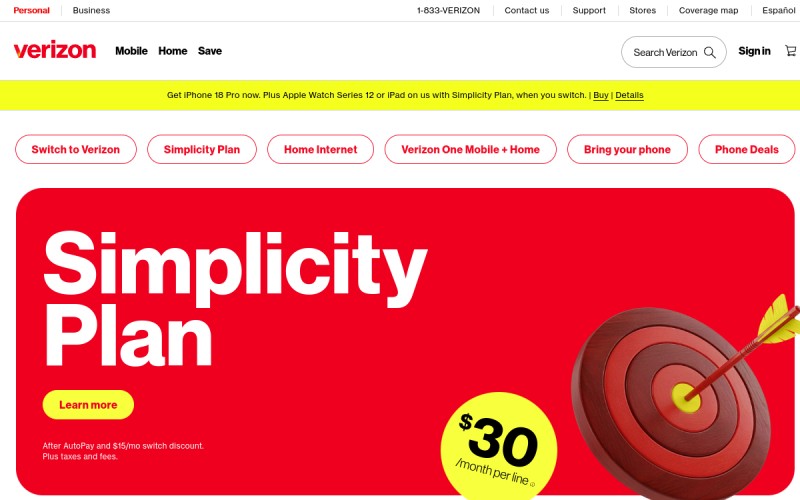 The front page of verizonwireless.com