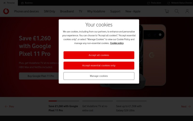 The front page of vodafone.co.uk