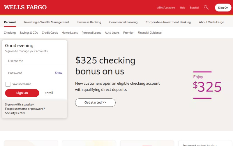 The front page of wellsfargo.com
