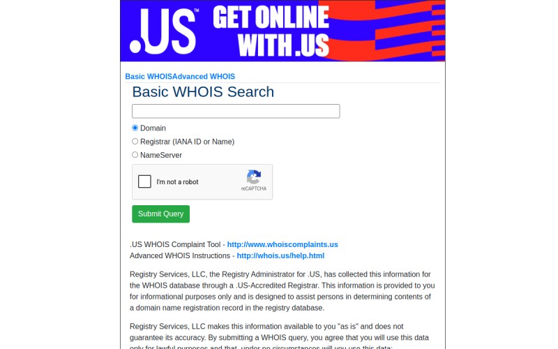 The front page of whois.us