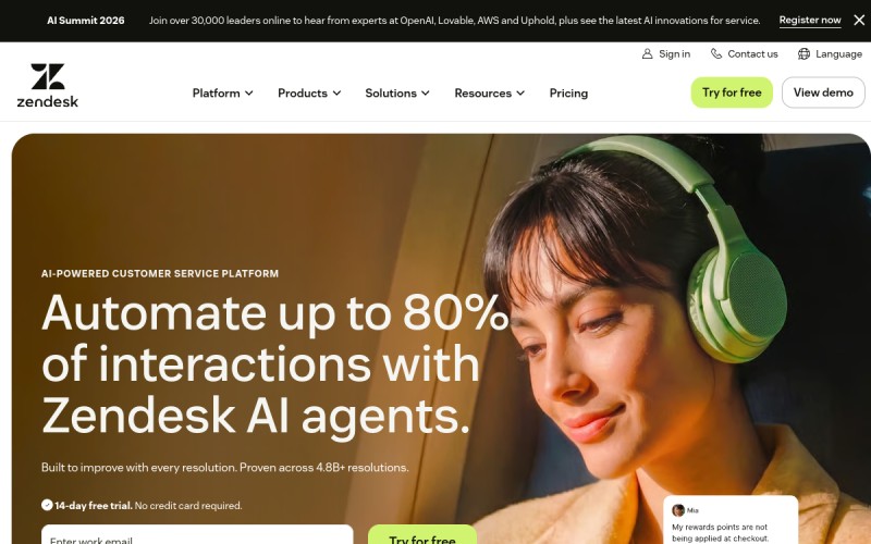 The front page of zendesk.com