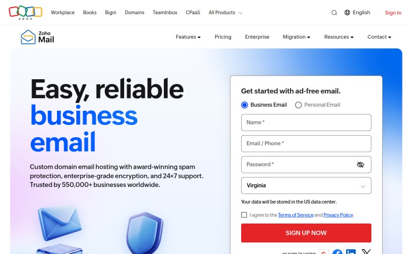 The front page of zohomail.in