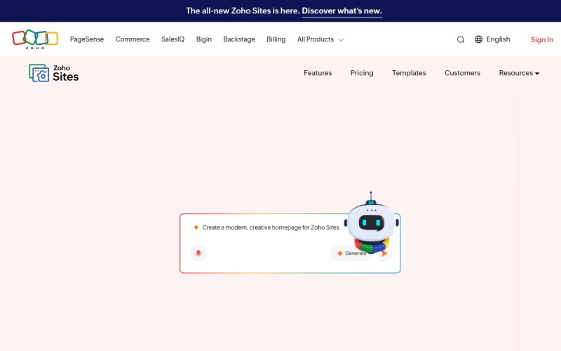 The front page of zohosites.com